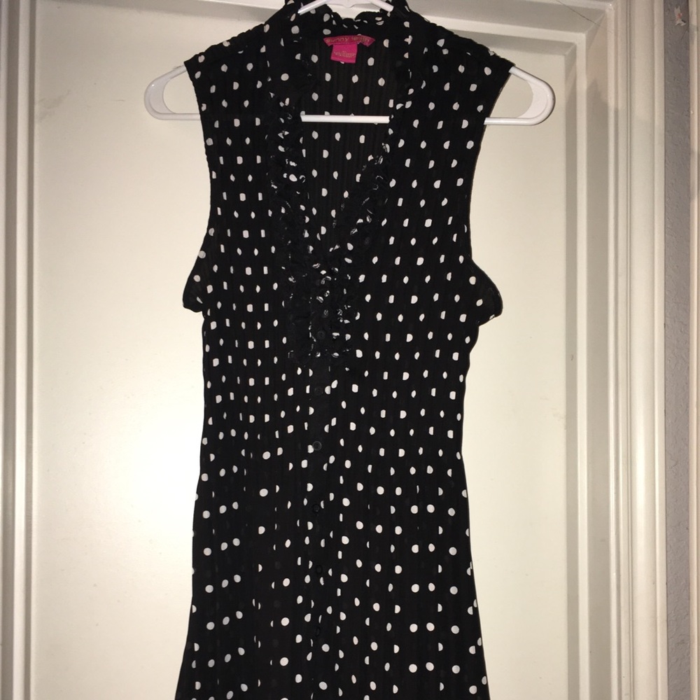 Polka Dot Long Ribbed Top w/Ruffled Collar